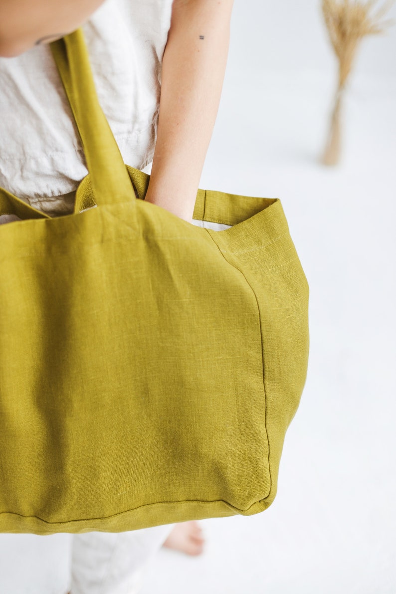 Linen beach bag in olive green Large linen bag with lining Etsy