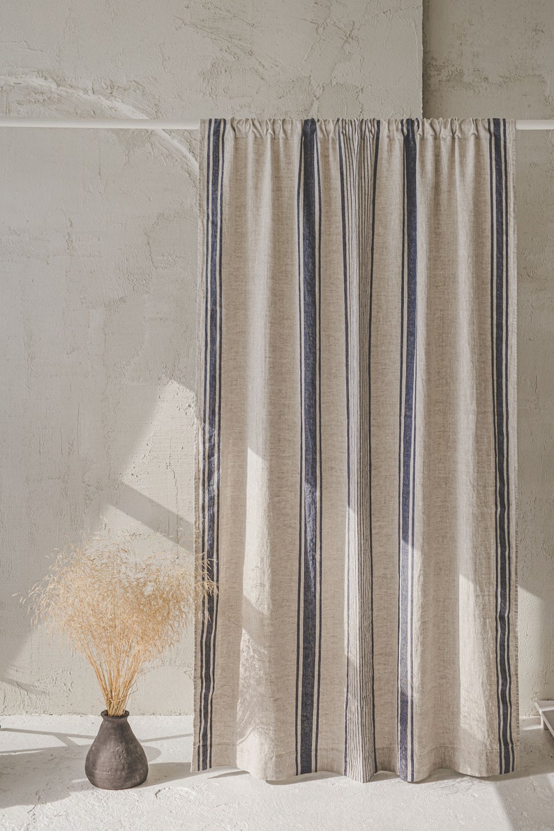 French style linen curtain with cherry red stripes, Natural heavyweight linen curtain, Farmhouse rustic linen curtain, Rod pocket curtain. image 9