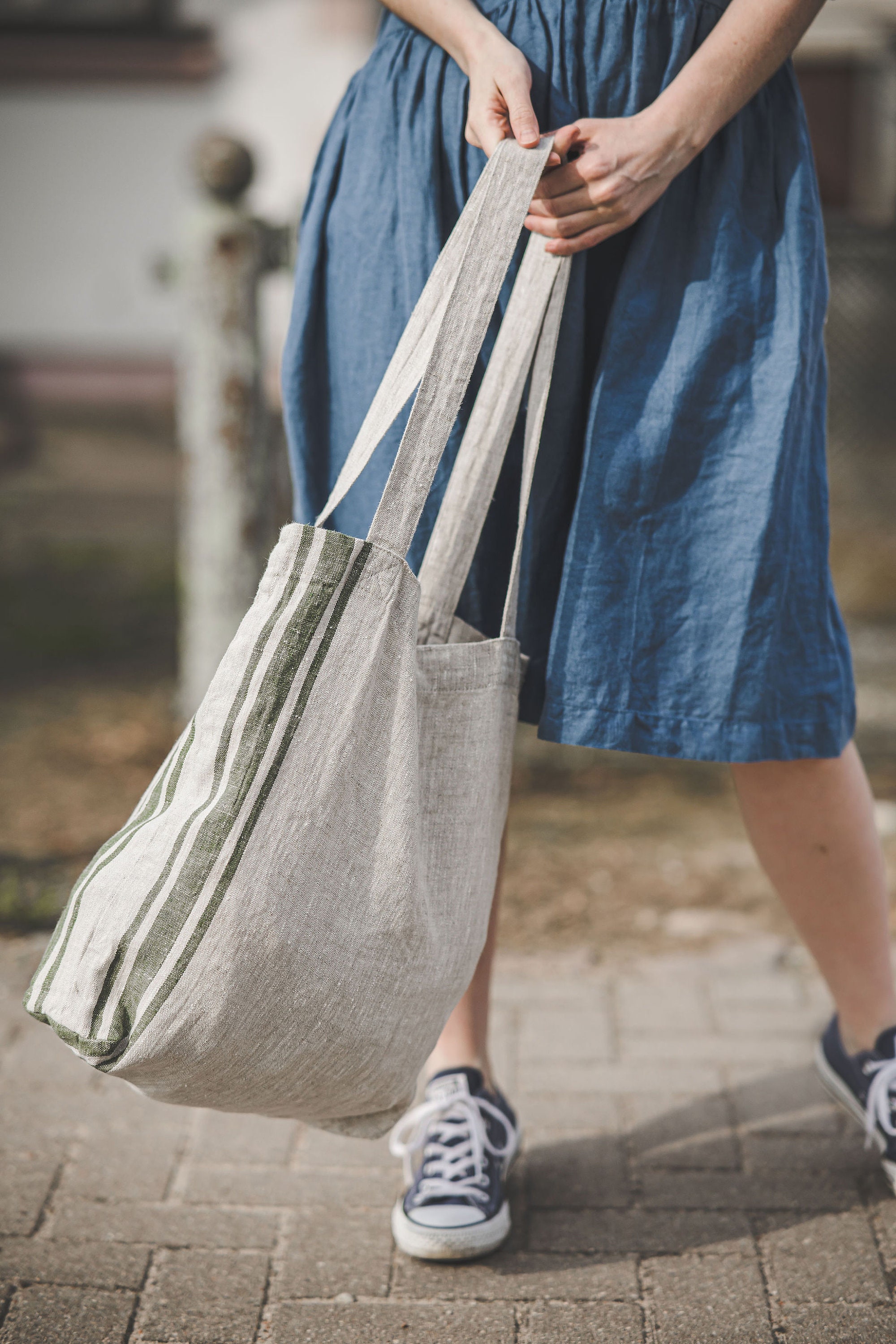 Natural Linen Tote Bag With Cherry Red Stripes, French Style Linen