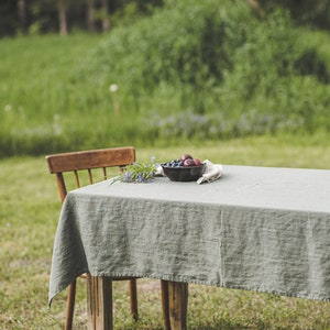 Linen tablecloth in gray green, Farm style tablecloth, Softened linen tablecloth, Custom linen tablecloth, Country style linen tablecloth. image 4
