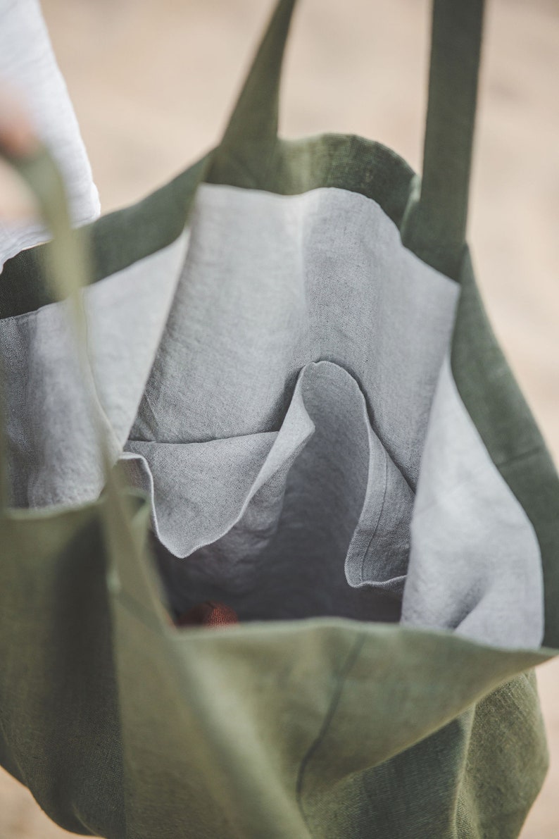 Forest green linen beach bag, Natural linen summer bag with lining, Oversized linen shoulder bag, Large handmade linen tote bag, Eco bag. image 4