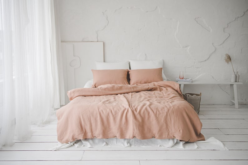 Linen duvet cover in misty rose, Natural softened linen duvet cover with coconut buttons, King, queen, twin duvet cover, Pink linen bedding. image 1