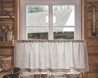 Natural Rustic Linen Café Curtain – Modern Farmhouse Style, Light Filtering Window Treatment, 100% Natural Linen, Kitchen Décor.