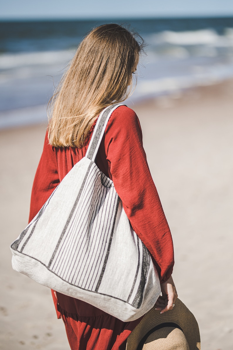 French style linen beach bag, Oversized linen bag, Linen beach bag with pockets, Natural linen summer bag, Large linen tote bag, Travel bag. Black stripes