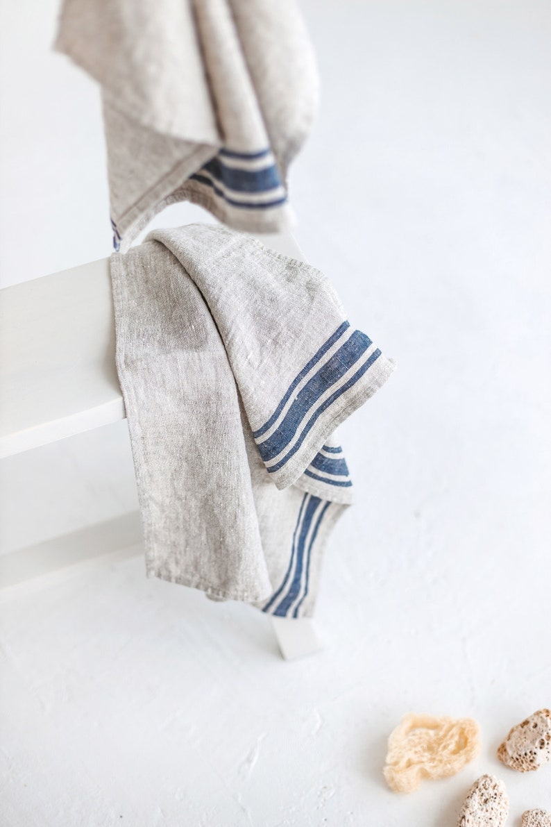 French style linen towels set of 2, Linen kitchen towels with loop, Thick linen hand towels, Rustic linen tea towels in various colors. image 8