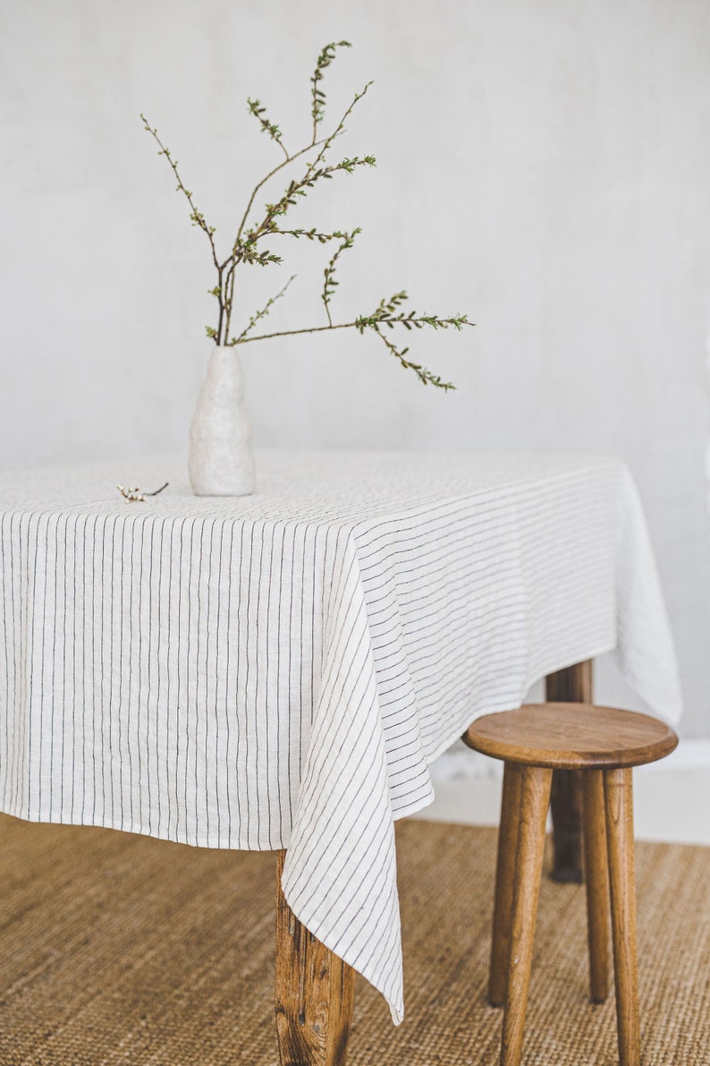 White linen tablecloth with black stripes, Handmade natural linen tablecloth, Rectangle, square tablecloth, Linen tablecloth for home decor. image 1