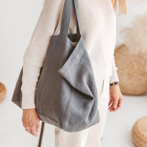 Forest green linen beach bag, Natural linen summer bag with lining, Oversized linen shoulder bag, Large handmade linen tote bag, Eco bag. image 10