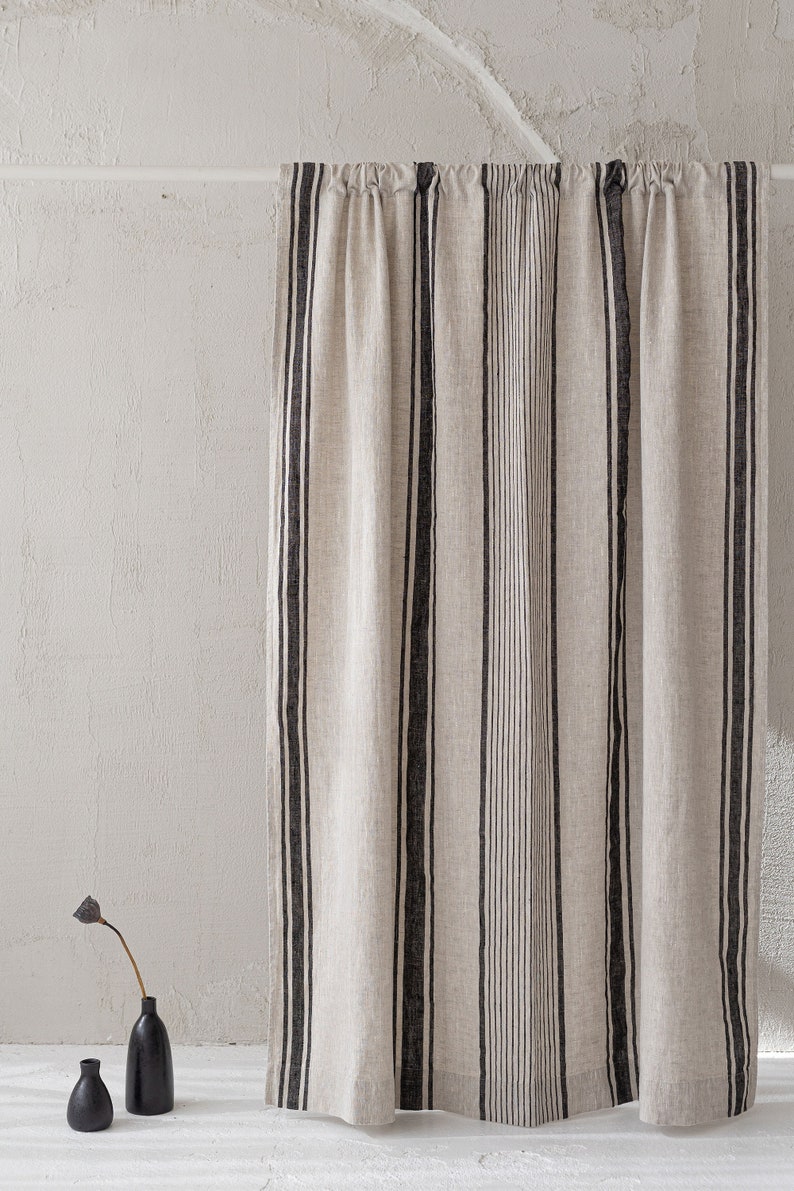 French style linen curtain with cherry red stripes, Natural heavyweight linen curtain, Farmhouse rustic linen curtain, Rod pocket curtain. image 5