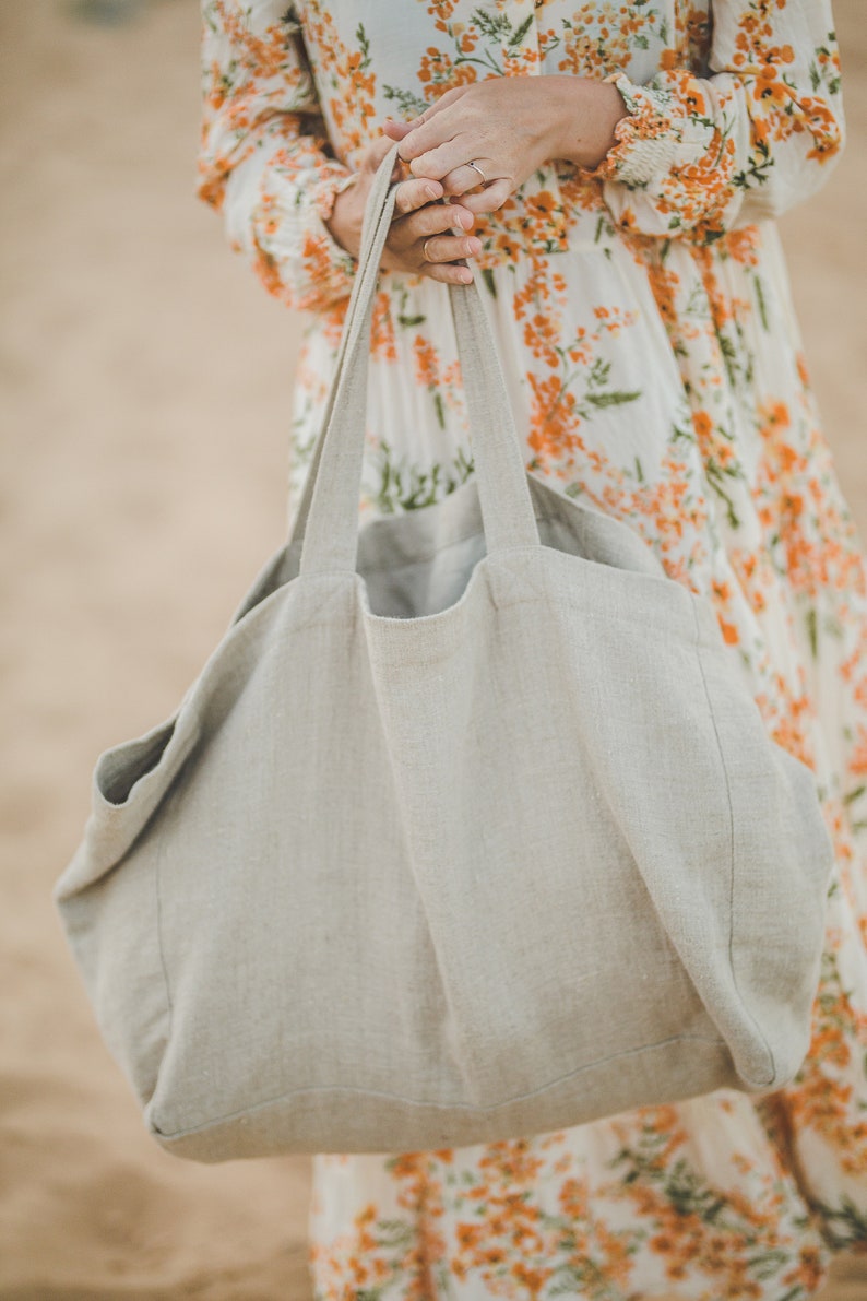 Große Leinen Strandtasche, Sommertasche aus natürlichem Leinen, Übergroße Leinentasche mit Futter, handgemachte Leinentasche, natürliche Strandtasche, Öko-Tasche. Bild 3