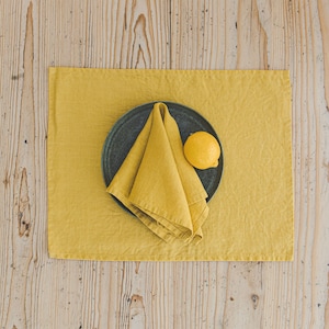 Yellow linen napkins, Washed linen napkins, Handmade natural linen napkins, Dining table napkins, Soft linen napkins in various colors.
