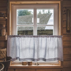 Grey Linen Café Curtain with Black Stripes - Farmhouse Kitchen Curtain, Rod Pocket Linen Curtain, French Country, Rustic Window Treatment.