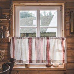 French Linen Café Curtain – Rustic Farmhouse Window Treatment for Kitchen or Bathroom, Natural Linen Curtain with Classic Stripes.