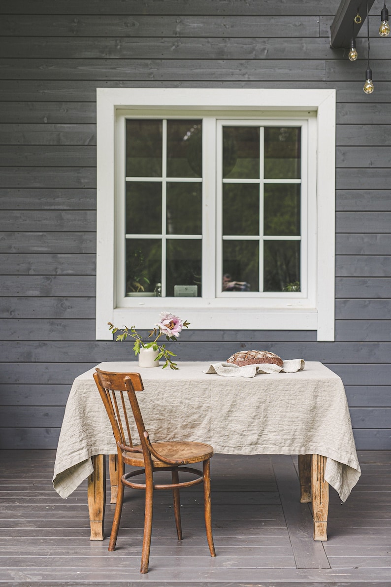 Rustic linen tablecloth, Natural tablecloth with mitered corners, Washed linen tablecloth, Heavy linen tablecloth, Undyed linen tablecloth. image 1