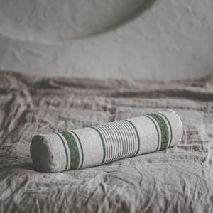 French-Style Linen Bolster Pillow Cover With Green Stripes, Decorative Pillowcase For Bench, Bed, Sofa, Farmhouse Cushion Cover, Home Decor.