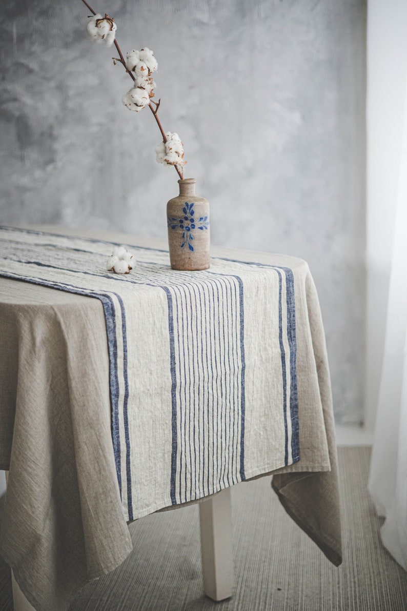 French style linen table runner, Striped linen table runner, Heavyweight natural linen table runner, Handmade washed linen table runner. Blue stripes