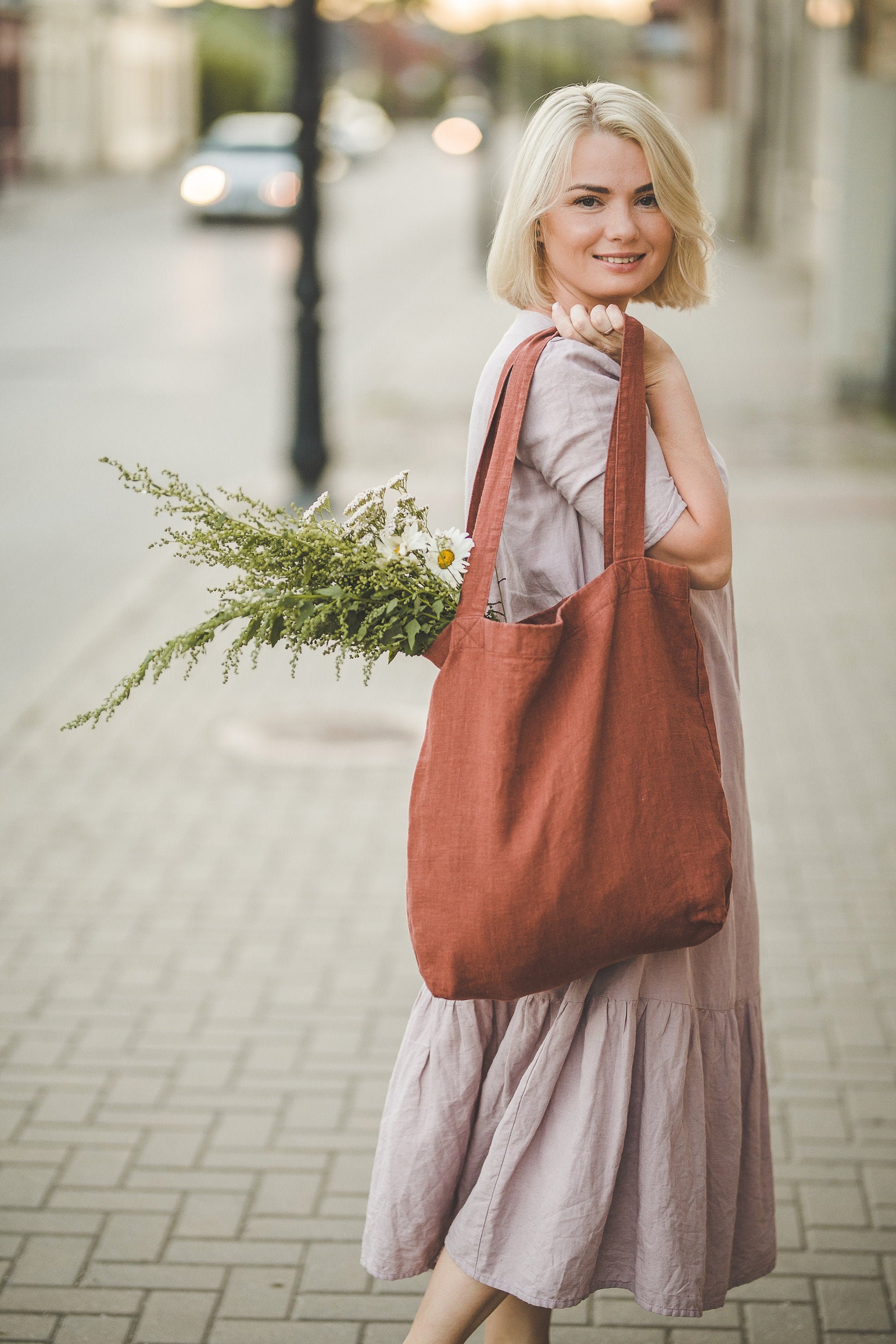 Terracotta Linen Bag Handmade Tote Bag for Women and Men 