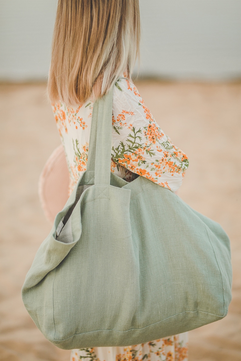 Light Green Linen Beach Bag Large Linen Bag With Lining Etsy