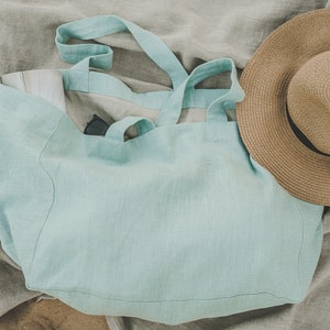 Ocean Leinen Strandtasche, Große Leinentasche in Himmelblau, Natürliche Strandtasche, Hellblaue Sommertasche, Strandtasche für große Handtücher, Strapazierfähige Leinentasche.