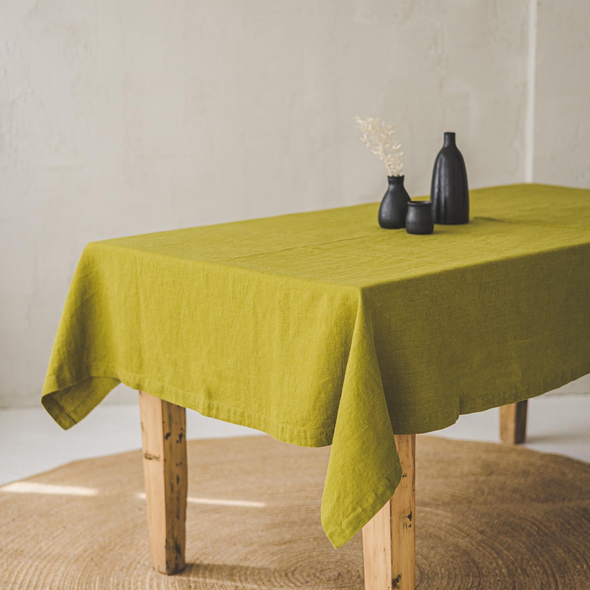 Olive Green Linen Tablecloth with Mitered Corners — Handmade from 100% Natural Linen, Softly Washed Linen Tablecloth, Organic Dining Decor.