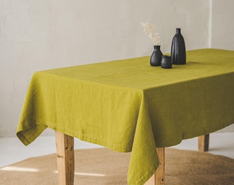 Olive Green Linen Tablecloth with Mitered Corners — Handmade from 100% Natural Linen, Softly Washed Linen Tablecloth, Organic Dining Decor.