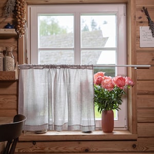 Sheer Linen Café Curtain Panel – Rod Pocket Natural Curtain for Kitchen, Bathroom, or Pantry – Light Filtering Window Treatment, Handmade.