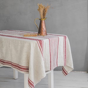 Striped linen tablecloth, French style linen tablecloth, Washed heavyweight linen tablecloth, Vintage linen tablecloth in various colors. Cherry red stripes