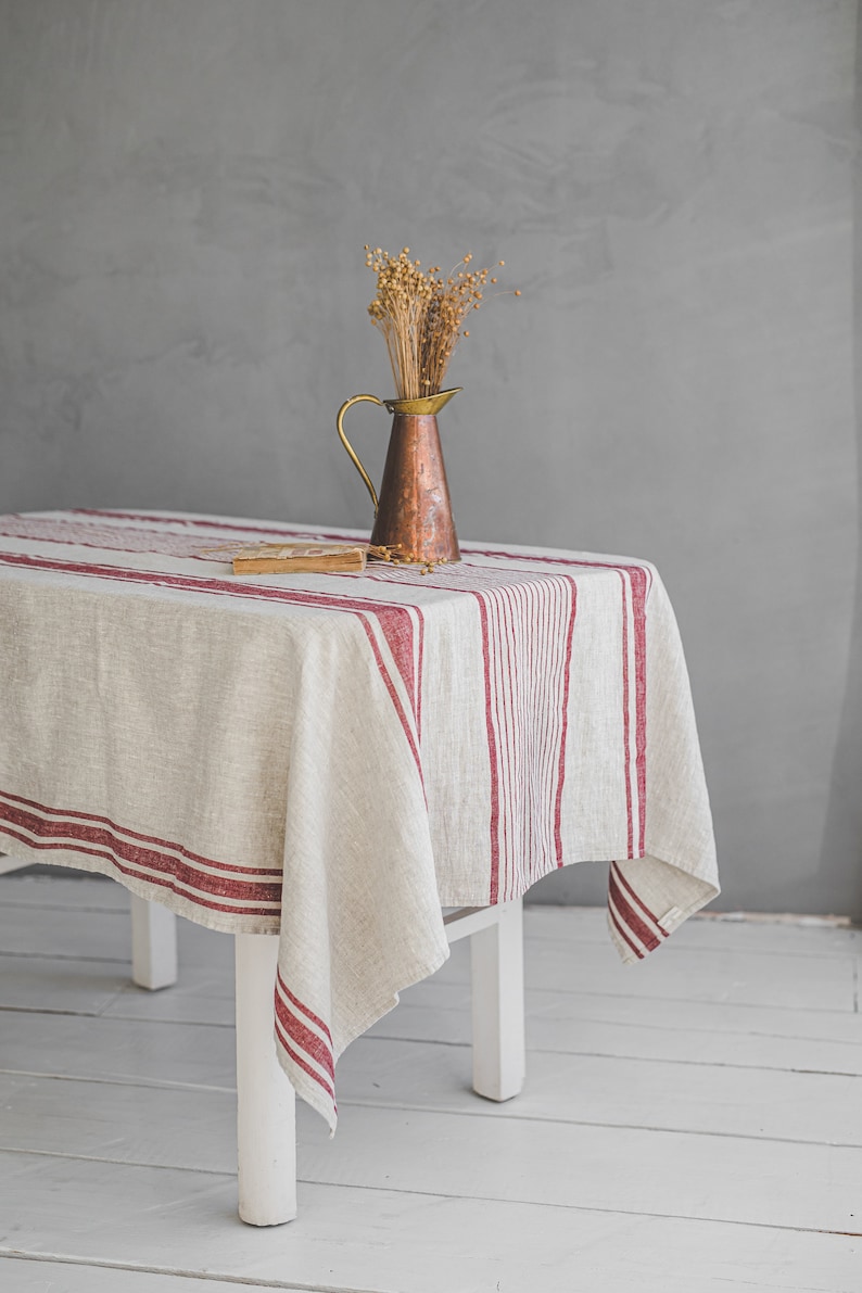 Striped linen tablecloth, French style linen tablecloth, Washed heavyweight linen tablecloth, Vintage linen tablecloth in various colors. Cherry red stripes