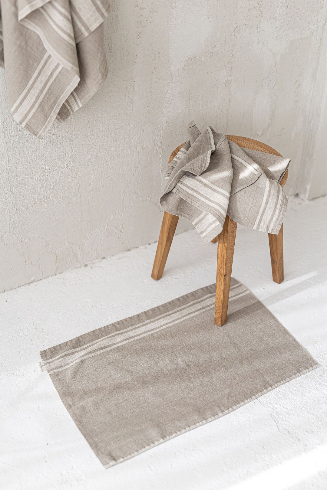 French Style Linen Bath Mat With Natural Stripes, Linen Bathroom Rug ...