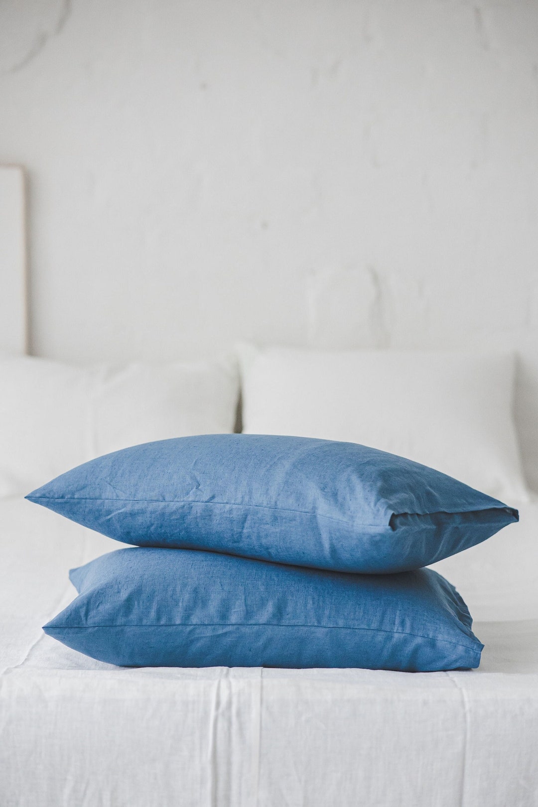Cornflower Blue Linen Pillowcase, Natural Linen Pillow Cover With