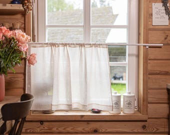 Linen Café Curtain – Sheer Natural Linen Panel with Rod Pocket – Light and Airy Curtain for Kitchen, Bathroom, Pantry or Small Windows.