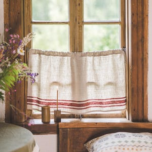 French Country Linen Café Curtains - 100% Natural Linen, Striped, Farmhouse Kitchen Curtain, Rustic Window Treatment, Custom Sizes Available
