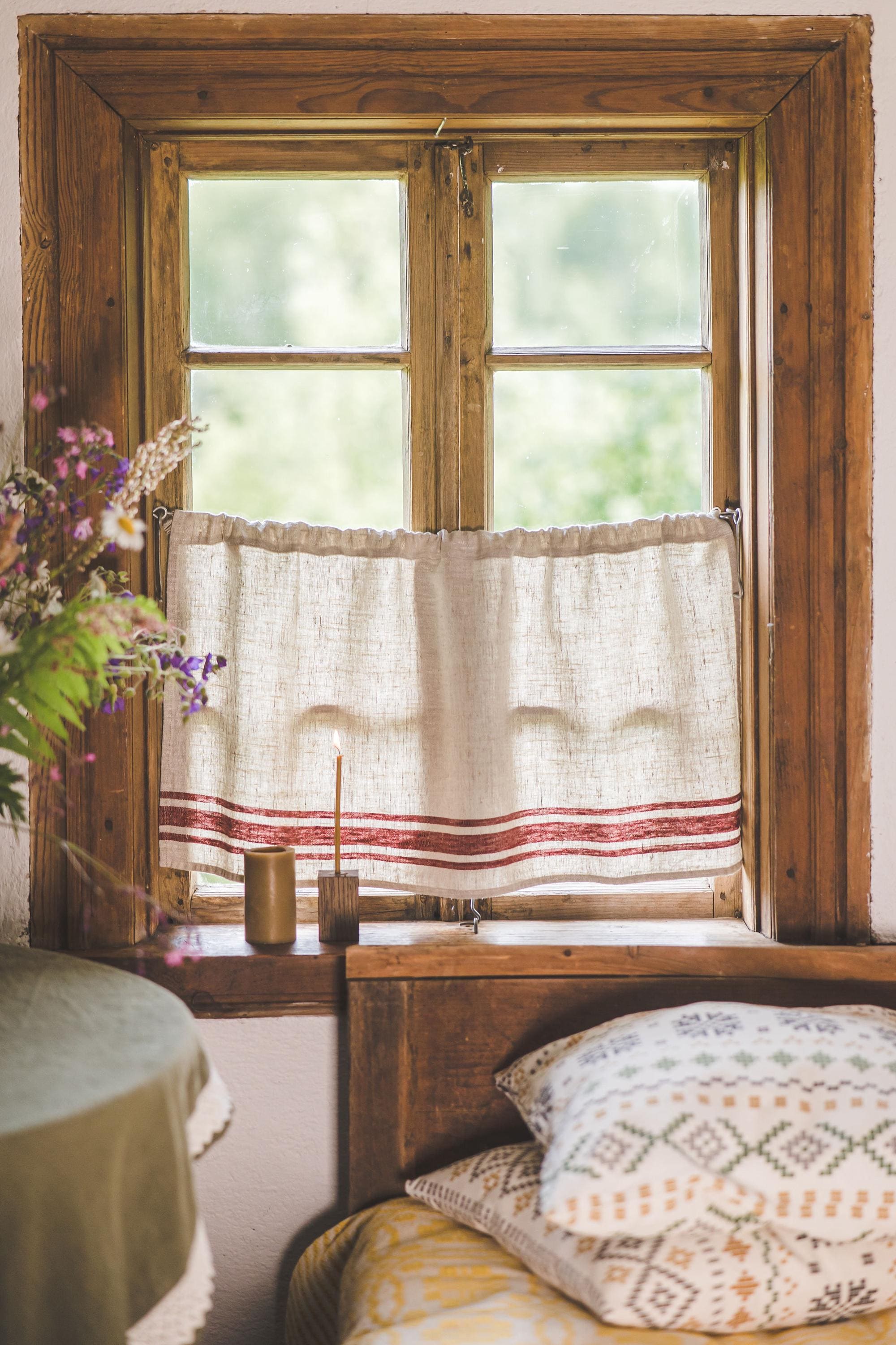 Cortinas de linho francês para café - 100% linho natural, listradas, cortina de cozinha estilo fazenda, decoração de janela rústica, tamanhos personalizados disponíveis