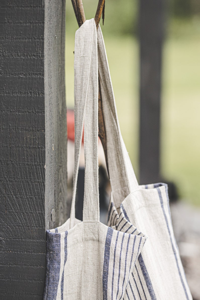 French style linen tote bag, Linen summer bag, Striped linen bag in various colors, Custom linen bag, Natural linen bag for women and men. image 5