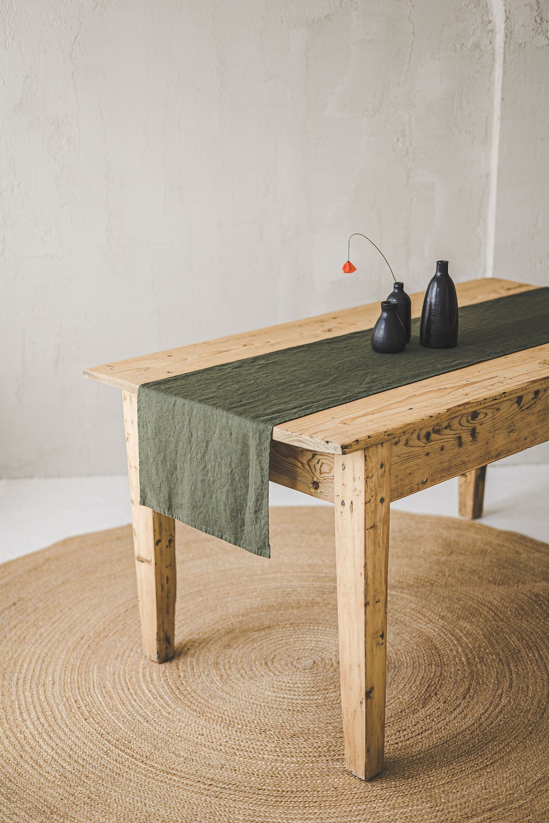 Forest Green Linen Table Runner, Handmade Natural Table Runner