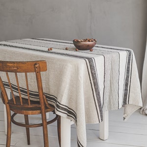 Striped linen tablecloth, French style linen tablecloth, Washed heavyweight linen tablecloth, Vintage linen tablecloth in various colors. Black stripes