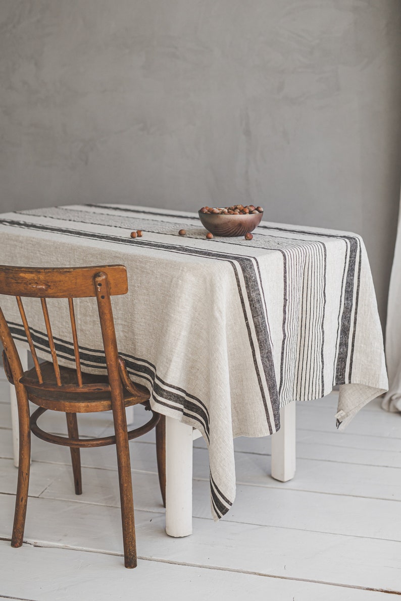 Striped linen tablecloth, French style linen tablecloth, Washed heavyweight linen tablecloth, Vintage linen tablecloth in various colors. Black stripes