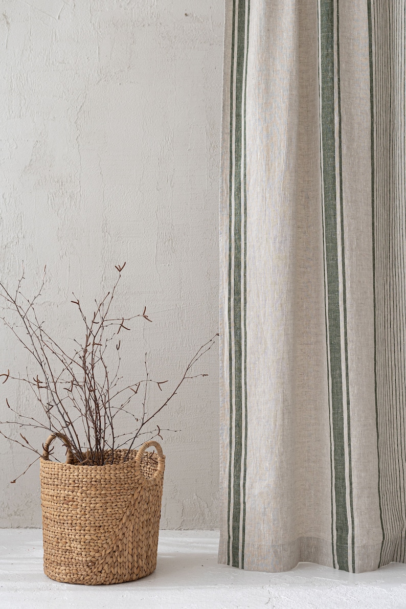 French style linen curtain with cherry red stripes, Natural heavyweight linen curtain, Farmhouse rustic linen curtain, Rod pocket curtain. image 6