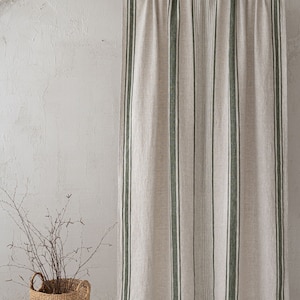 French style linen curtain with cherry red stripes, Natural heavyweight linen curtain, Farmhouse rustic linen curtain, Rod pocket curtain. image 3