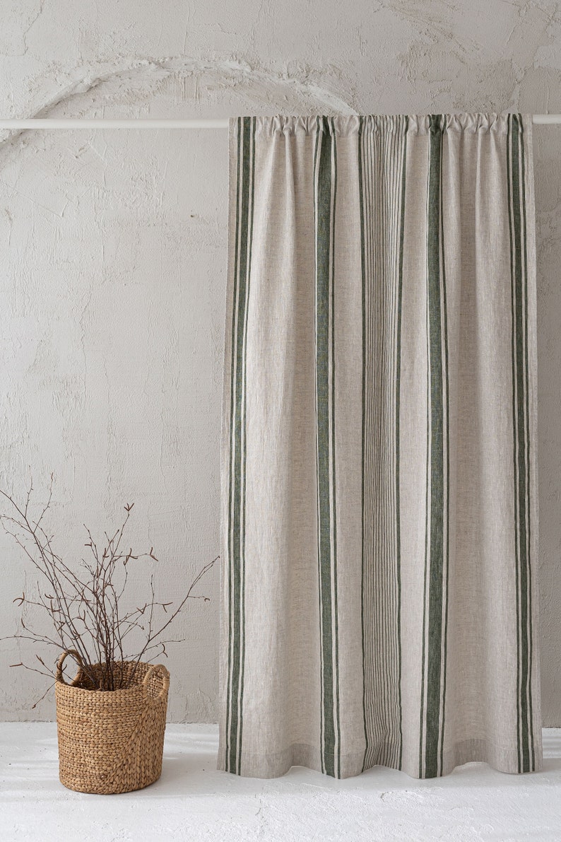 French style linen curtain with cherry red stripes, Natural heavyweight linen curtain, Farmhouse rustic linen curtain, Rod pocket curtain. image 3