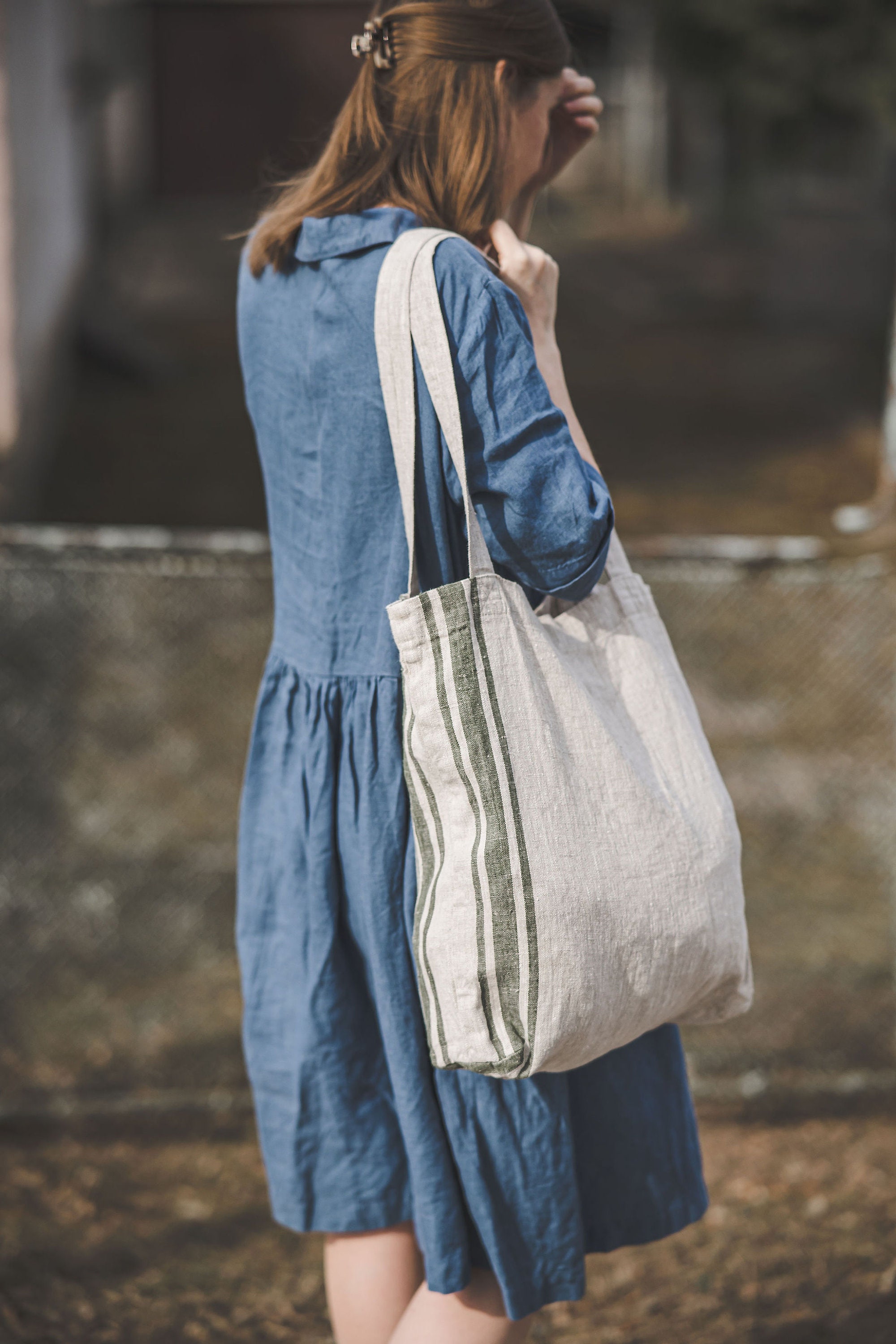 Natural linen tote bag with green stripes, French style linen shoulder bag, Handmade linen summer bag, Heavyweight linen shopping bag.