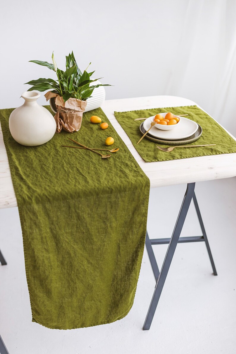 Linen table runner in moss green, Washed softened linen table runner, Handmade table runner, Natural linen table decor, Dining table runner. image 3