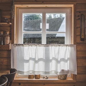 White Linen Café Curtain with Black Stripes – Modern Farmhouse Style, Light Filtering Window Treatment, 100% Natural Linen, Kitchen Décor.