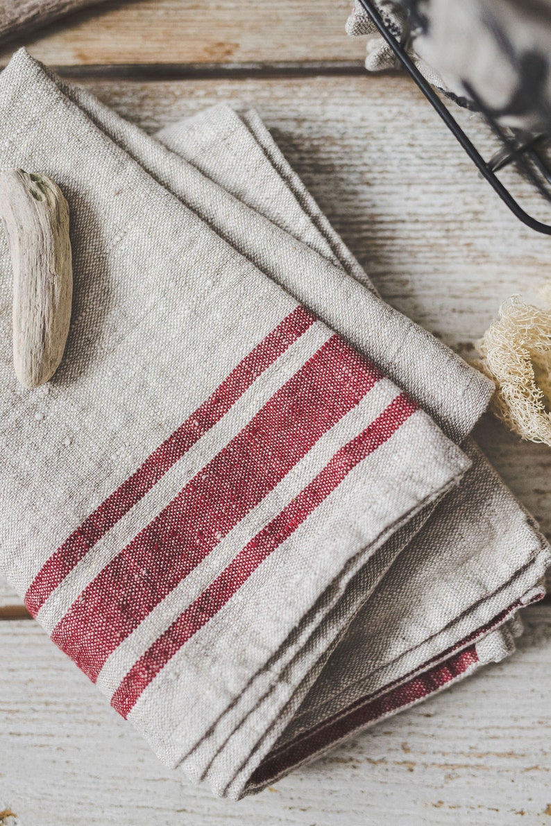 French style linen towels set of 2, Linen kitchen towels with loop, Thick linen hand towels, Rustic linen tea towels in various colors. image 6
