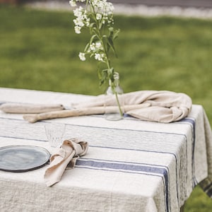 Striped linen tablecloth, French style linen tablecloth, Washed heavyweight linen tablecloth, Vintage linen tablecloth in various colors. image 2