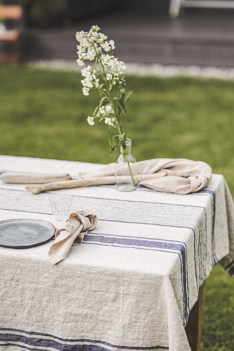 Striped linen tablecloth, French style linen tablecloth, Washed heavyweight linen tablecloth, Vintage linen tablecloth in various colors. image 2