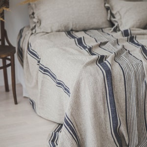French style linen bedspread in various colors, Vintage linen bed cover, Striped linen bed throw, Organic linen coverlet, Rustic bedspread. zdjęcie 2