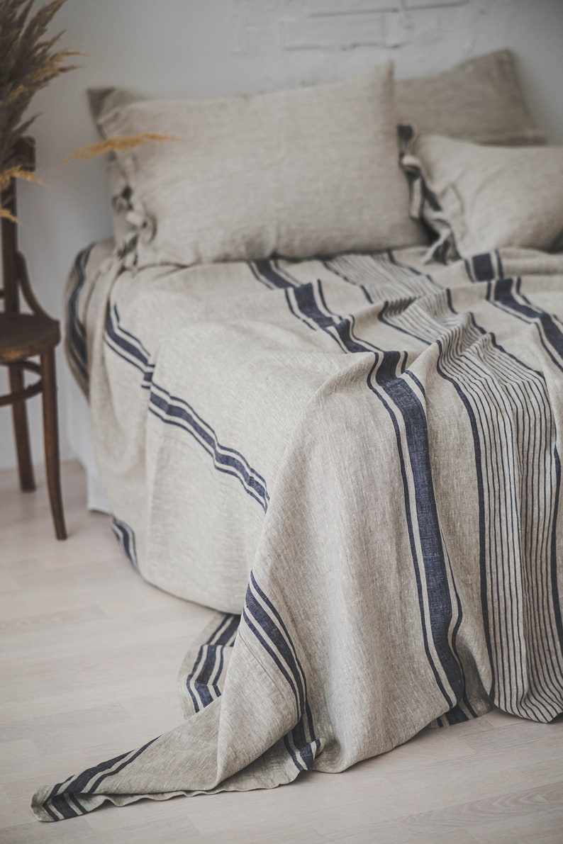 French style linen bedspread in various colors, Vintage linen bed cover, Striped linen bed throw, Organic linen coverlet, Rustic bedspread. image 2
