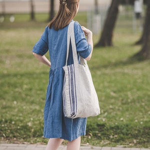 Natural linen tote bag with cherry red stripes, French style linen shoulder bag, Handmade linen summer bag, Thick linen shopping bag. Blue stripes