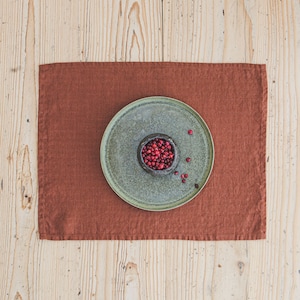 Burnt orange linen placemats, Natural soft linen placemats, Dining table placemats, Washed linen placemat set, Rust orange linen placemats.
