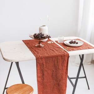 May include: A rustic table setting with a terracotta linen table runner, white plates, and a glass bowl of grapes. The table is set on a pair of black sawhorse legs.